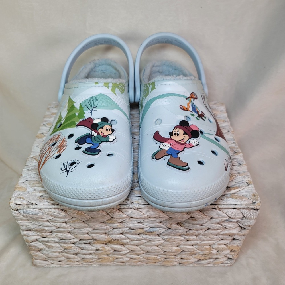 DISNEY Winter MICKEY & MINNIE Crocs Size M 10 W 12 Faux Fur Lined Slingback Blue